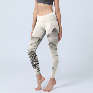 Buddha Gift Ink Bamboo Mountains Print Gym Leggings Women's Yoga Pants
