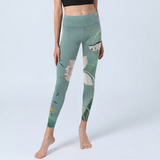 Buddha Gift Lotus Leaf Bird Print Gym Leggings Women's Yoga Pants