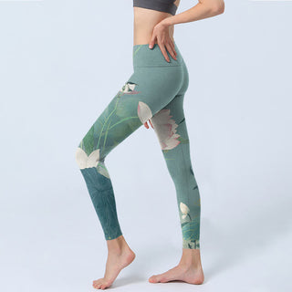 Buddha Gift Lotus Leaf Bird Print Gym Leggings Women's Yoga Pants