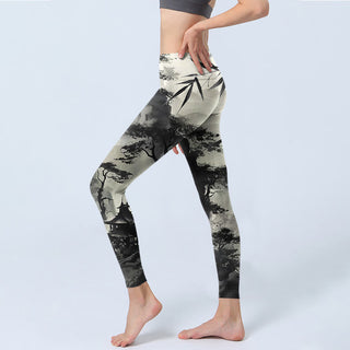 Buddha Gift Ink Bamboo Pine Mountains Print Gym Leggings Women's Yoga Pants