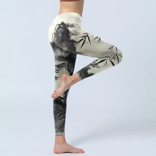 Buddha Gift Ink Bamboo Pine Mountains Print Gym Leggings Women's Yoga Pants