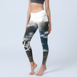 Buddha Gift Ink Painting Pine Tree Print Gym Leggings Women's Yoga Pants
