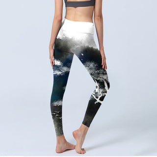 Buddha Gift Ink Painting Pine Tree Print Gym Leggings Women's Yoga Pants