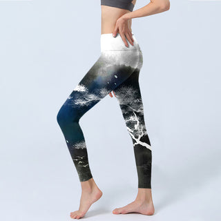 Buddha Gift Ink Painting Pine Tree Print Gym Leggings Women's Yoga Pants