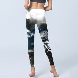 Buddha Gift Ink Painting Pine Tree Print Gym Leggings Women's Yoga Pants