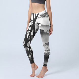 Buddha Gift Ink Painting Bamboo Pine Mountain Scenery Print Gym Leggings Women's Yoga Pants