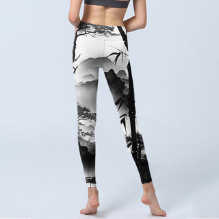 Buddha Gift Ink Painting Bamboo Pine Mountain Scenery Print Gym Leggings Women's Yoga Pants