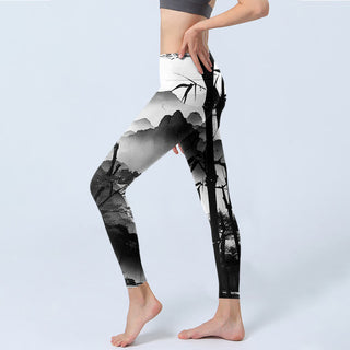 Buddha Gift Ink Painting Bamboo Pine Mountain Scenery Print Gym Leggings Women's Yoga Pants