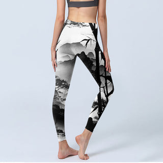 Buddha Gift Ink Painting Bamboo Pine Mountain Scenery Print Gym Leggings Women's Yoga Pants