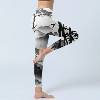 Buddha Gift Ink Painting Bamboo Pine Mountain Scenery Print Gym Leggings Women's Yoga Pants
