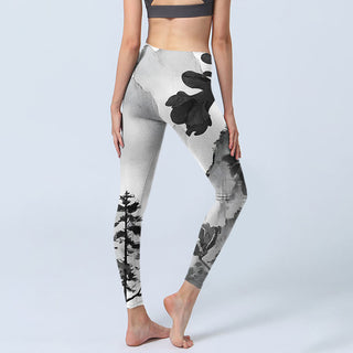 Buddha Gift Ink Painting Trees Mountains Scenery Print Gym Leggings Women's Yoga Pants