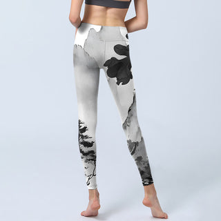 Buddha Gift Ink Painting Trees Mountains Scenery Print Gym Leggings Women's Yoga Pants