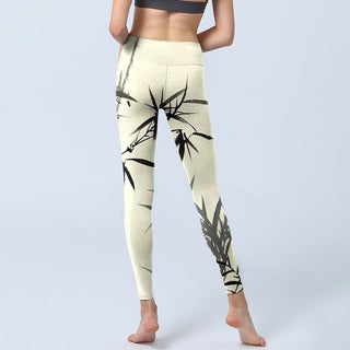 Buddha Gift Ink Painting Bamboo Leaves Print Sports Leggings Women's Yoga Pants