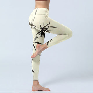 Buddha Gift Ink Painting Bamboo Leaves Print Sports Leggings Women's Yoga Pants