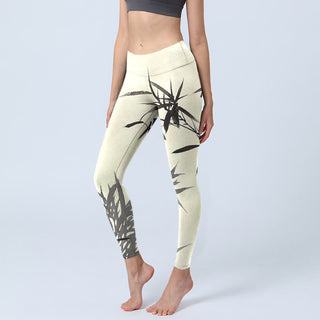 Buddha Gift Ink Painting Bamboo Leaves Print Sports Leggings Women's Yoga Pants