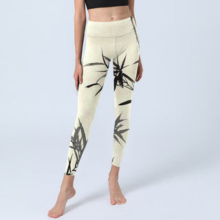 Buddha Gift Ink Painting Bamboo Leaves Print Sports Leggings Women's Yoga Pants