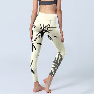 Buddha Gift Ink Painting Bamboo Leaves Print Sports Leggings Women's Yoga Pants