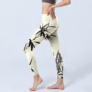 Buddha Gift Ink Painting Bamboo Leaves Print Sports Leggings Women's Yoga Pants