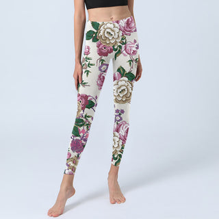 Buddha Gift Red White Peony Flower Print Sports Leggings Women's Yoga Pants