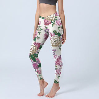 Buddha Gift Red White Peony Flower Print Sports Leggings Women's Yoga Pants