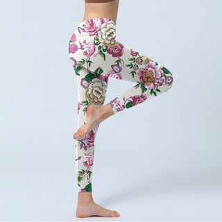 Buddha Gift Red White Peony Flower Print Sports Leggings Women's Yoga Pants