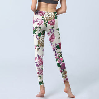 Buddha Gift Red White Peony Flower Print Sports Leggings Women's Yoga Pants
