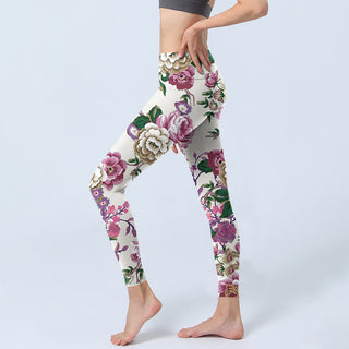 Buddha Gift Red White Peony Flower Print Sports Leggings Women's Yoga Pants