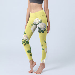 Buddha Gift Yellow White Rose Print Sports Leggings Women's Yoga Pants