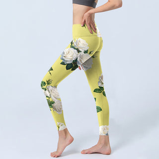 Buddha Gift Yellow White Rose Print Sports Leggings Women's Yoga Pants