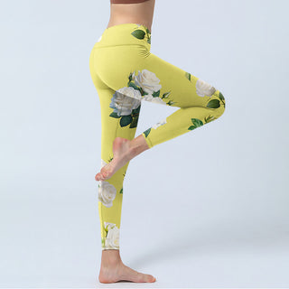 Buddha Gift Yellow White Rose Print Sports Leggings Women's Yoga Pants