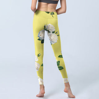 Buddha Gift Yellow White Rose Print Sports Leggings Women's Yoga Pants