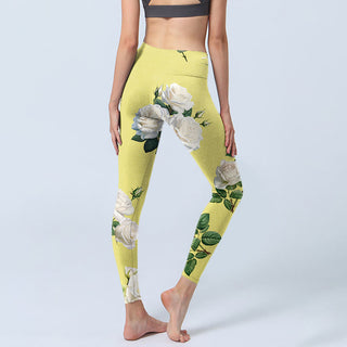 Buddha Gift Yellow White Rose Print Sports Leggings Women's Yoga Pants