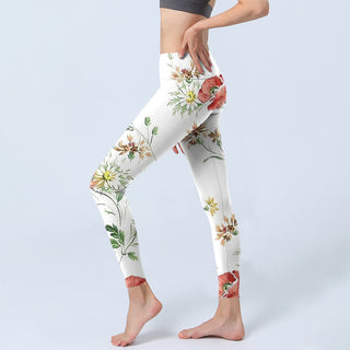 Buddha Gift White Daisy Red Flower Print Sports Leggings Women's Yoga Pants