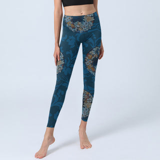 Buddha Gift Dark Blue Flowers In Bloom Print Sports Leggings Women's Yoga Pants