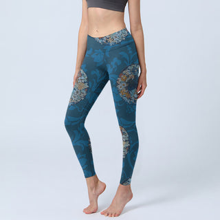 Buddha Gift Dark Blue Flowers In Bloom Print Sports Leggings Women's Yoga Pants