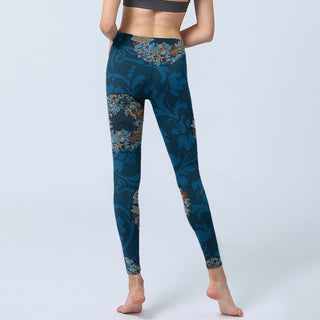 Buddha Gift Dark Blue Flowers In Bloom Print Sports Leggings Women's Yoga Pants