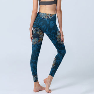Buddha Gift Dark Blue Flowers In Bloom Print Sports Leggings Women's Yoga Pants