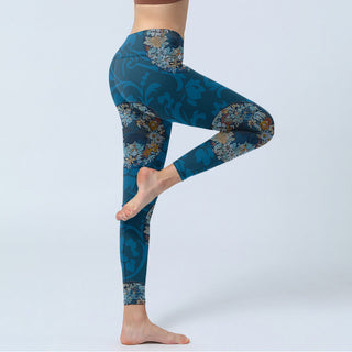 Buddha Gift Dark Blue Flowers In Bloom Print Sports Leggings Women's Yoga Pants