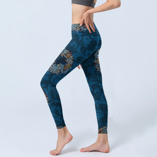 Buddha Gift Dark Blue Flowers In Bloom Print Sports Leggings Women's Yoga Pants