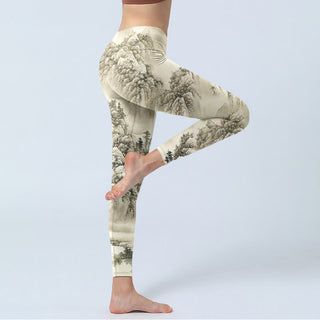 Buddha Gift Mountain Tree River Scenery Print Sports Leggings Women's Yoga Pants