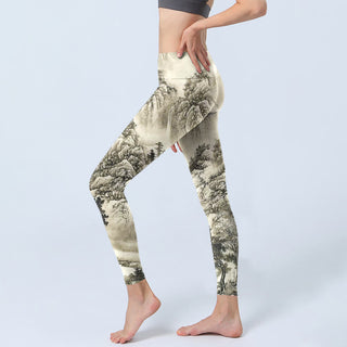 Buddha Gift Mountain Tree River Scenery Print Sports Leggings Women's Yoga Pants