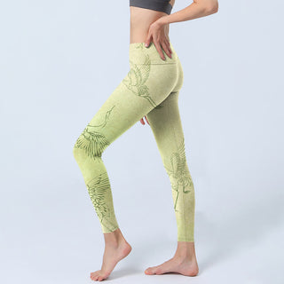 Buddha Gift Light Yellow Crane Print Sports Leggings Women's Yoga Pants