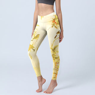 Buddha Gift Light Yellow Peony Flowers Birds Print Sports Leggings Women's Yoga Pants