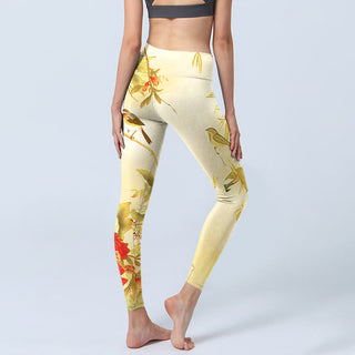 Buddha Gift Light Yellow Peony Flowers Birds Print Sports Leggings Women's Yoga Pants