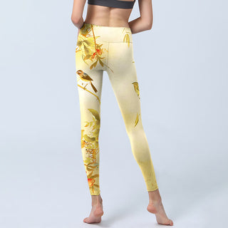 Buddha Gift Light Yellow Peony Flowers Birds Print Sports Leggings Women's Yoga Pants