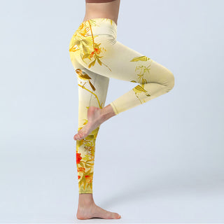 Buddha Gift Light Yellow Peony Flowers Birds Print Sports Leggings Women's Yoga Pants