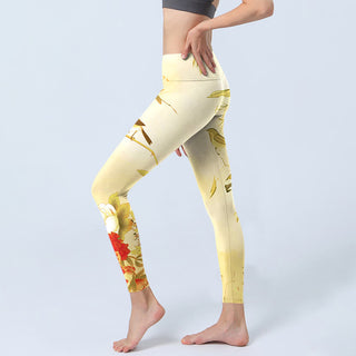 Buddha Gift Light Yellow Peony Flowers Birds Print Sports Leggings Women's Yoga Pants