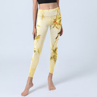 Buddha Gift Light Yellow Peony Flowers Birds Print Sports Leggings Women's Yoga Pants
