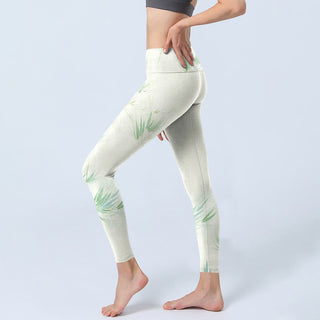 Buddha Gift Green Bamboo Leaves Print Sports Leggings Women's Yoga Pants