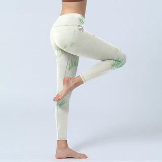 Buddha Gift Green Bamboo Leaves Print Sports Leggings Women's Yoga Pants
